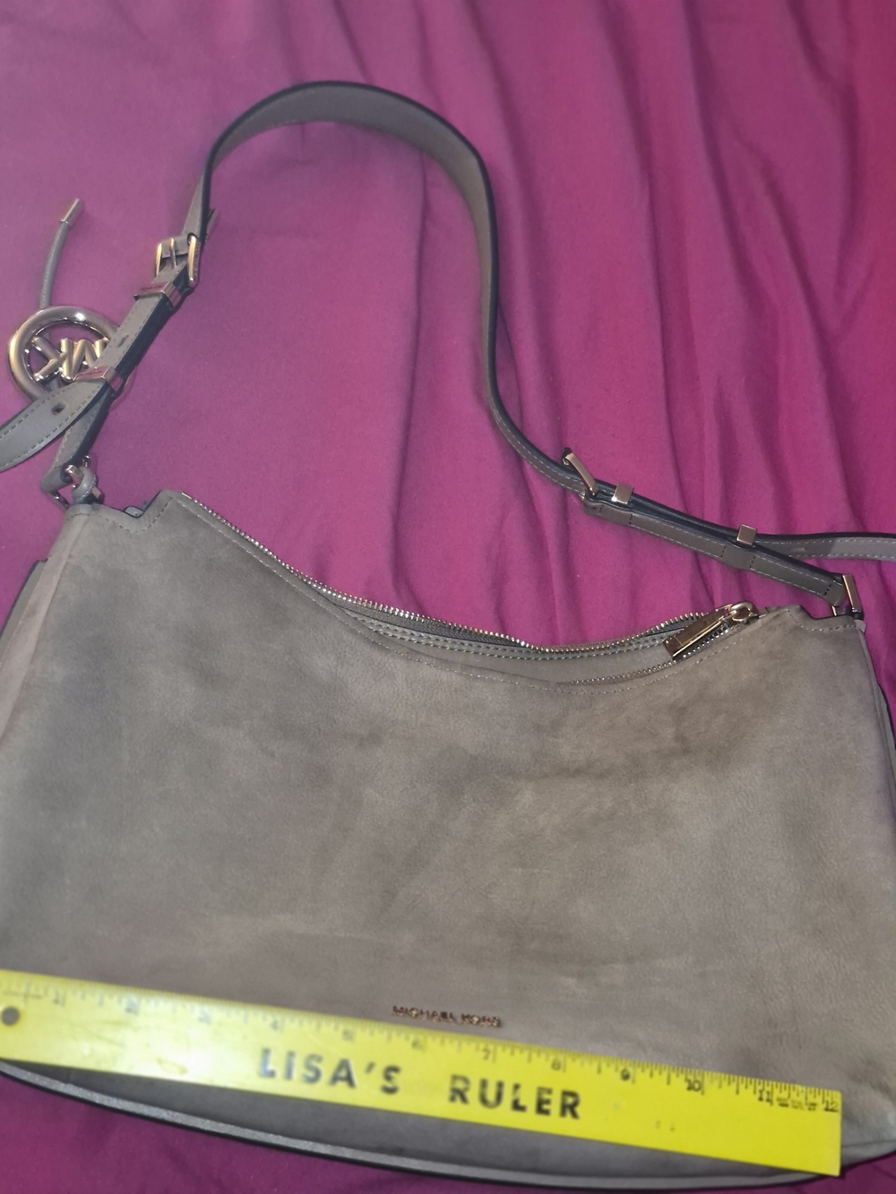 Michael Kors Gray Suede Shoulder Bag with Gold Hardware